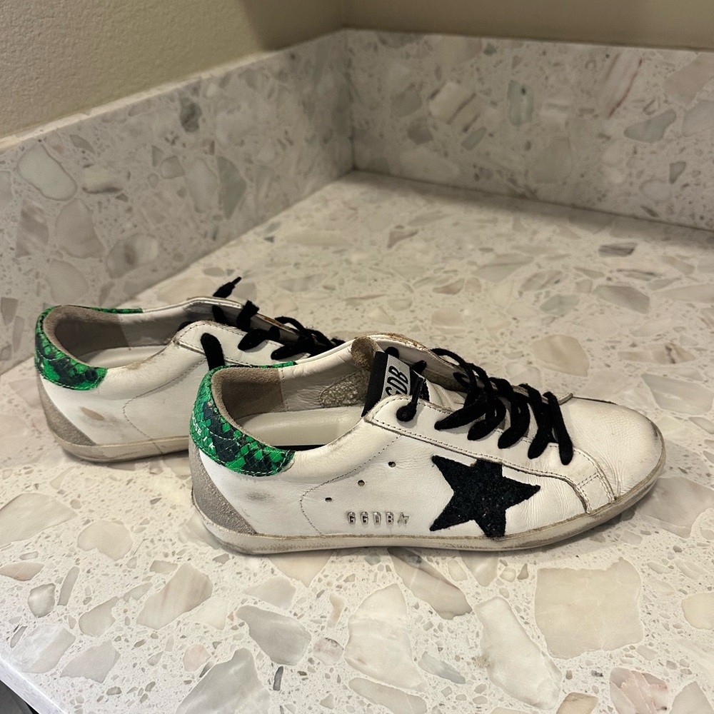Golden Goose White and Green Sneakers